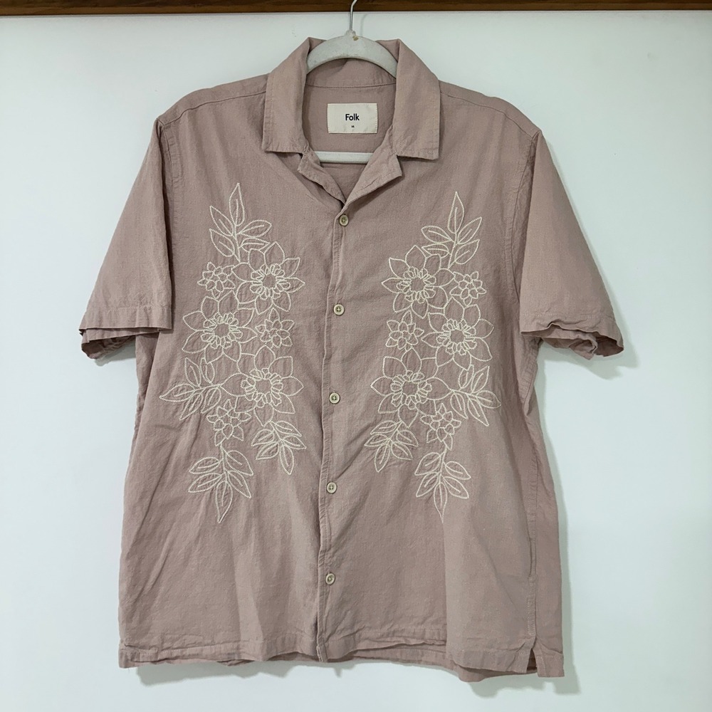 Folk Shirt Mens M Pink Cotton Linen Floral Embroidered Short Sleeve Camp Collar